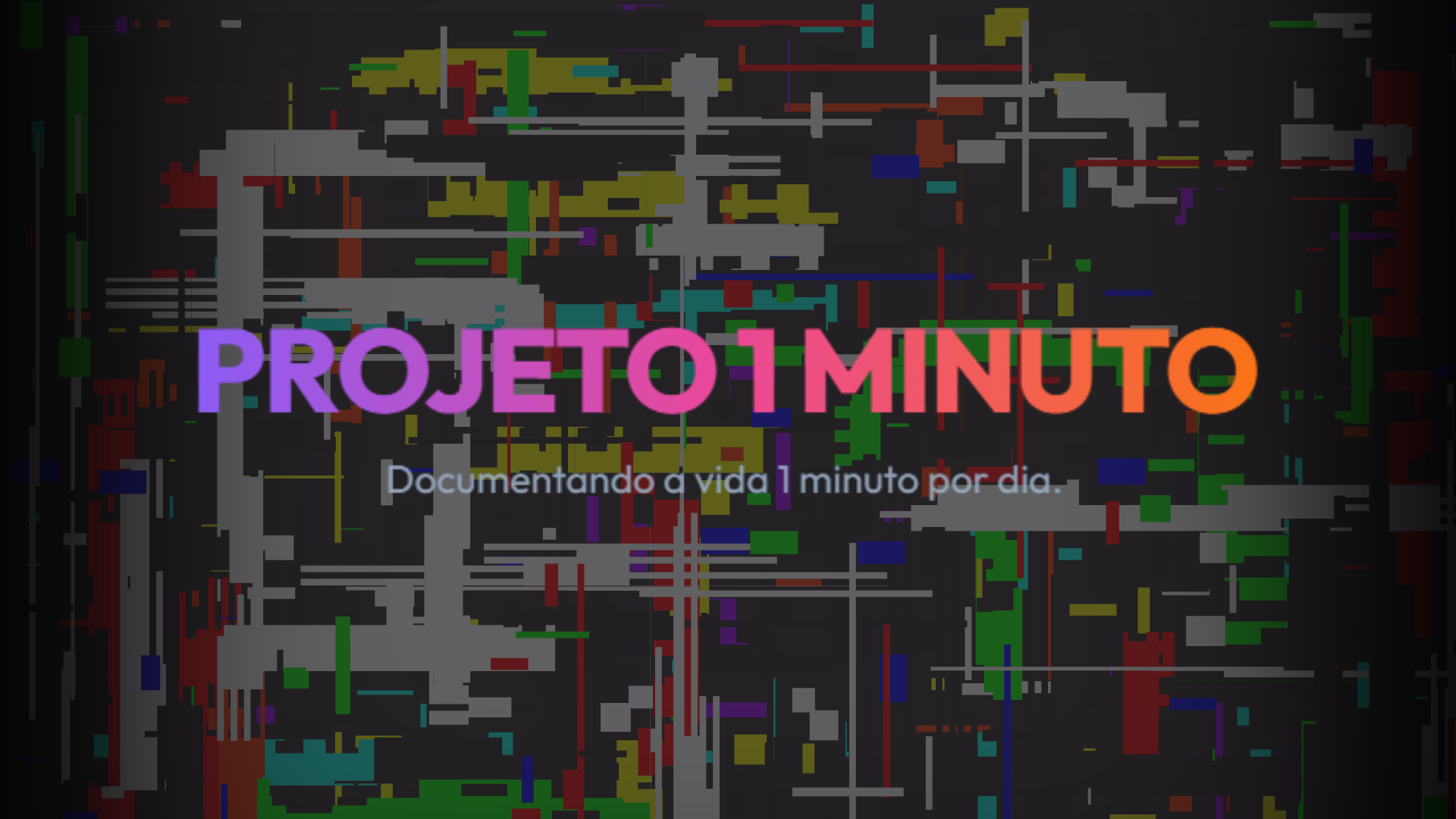 Projeto 1 Minuto platform interface showcasing a video storytelling challenge where creators tell a one-minute story daily without editing or script, emphasizing raw creativity and spontaneity in a minimalist dark design layout